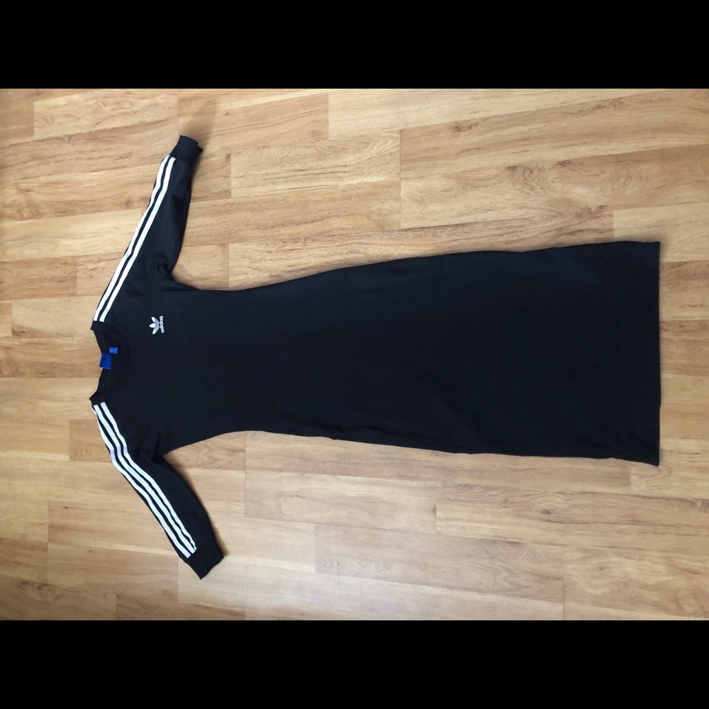 adidas Black Maxi Dress with White Stripe Sleeve Detail